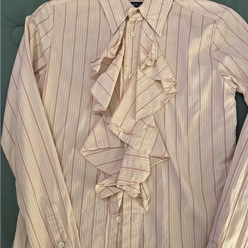 Ralph Lauren Women's Pink Striped Ruffle Shirt - Picture 5 of 5